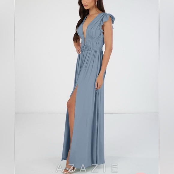 Azazie "Santorini" Blue Maxi Dress Size 16 plunging v neck black tie formal - Picture 1 of 12